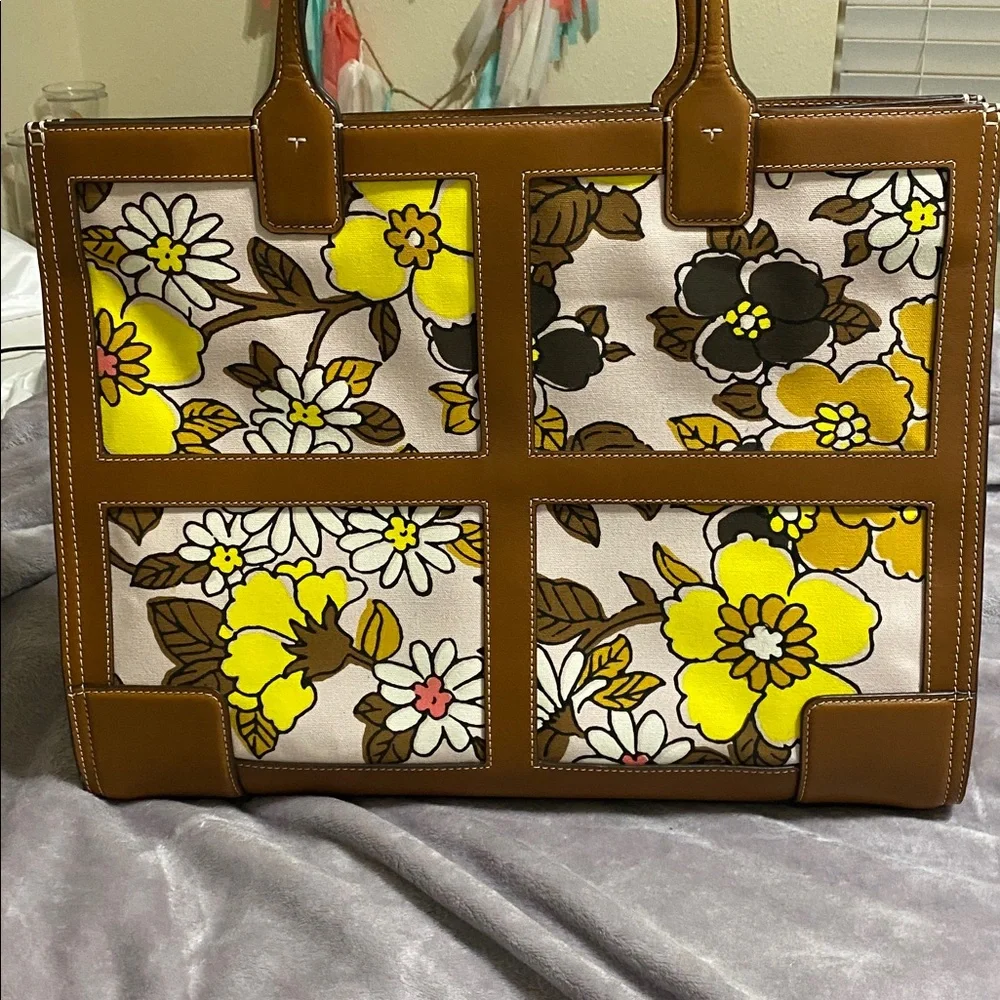 Tory Burch Brown Leather Trim Floral Tote with Yellow, White & Black Accents